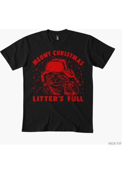 Flood Of Style Meowy Christmas Litter's Full Ugly Christmas T-shirt Erkekler Kadınlar İçin % 100% Pamuklu Ti Siyah
