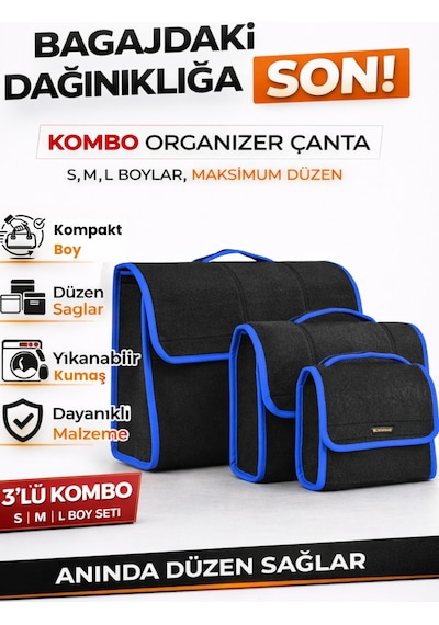 Oto Bagaj Organizer Bagaj Çantası 3'lü Kombo Kaymaz Cırt Bantlı Velur Kompakt - Siyah Mavi