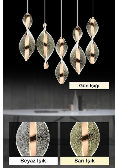 İstanbul Avize Mars 5'li Yemek Masası Kumandalı Gold Üç Renk Led Lüx Modern Ledli Avize