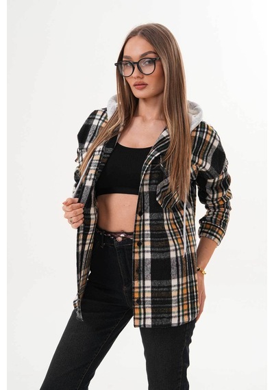 Polologin Butik Kadın Siyah Beyaz Sarı Çizgili Kapşonlu Gömlek Siyah