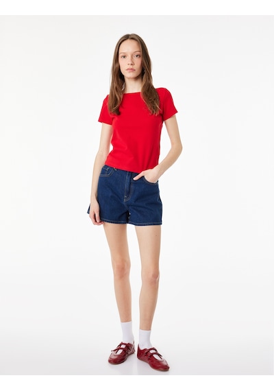 Koton Pamuklu Kısa Kollu Kayık Yaka Slim Fit Tişört Kırmızı 6sal10650ık