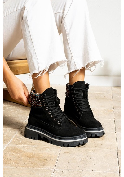 Shoetek Sophie Kadın Bot&bootie Ekoseli Triko Postal Siyah Süet Siyah Suet