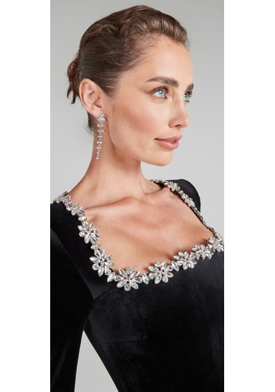 Hanife Glam Couture Hanife Glam Kare Yaka Taşlı Mini Kadife Elbise Siyah