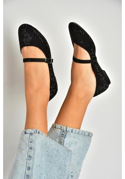 Fox Shoes U726628004 Siyah Kumaş Taş Detaylı Babet Siyah