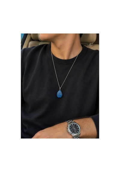 Lapis Lazuli Doğal Taş Kolye Uçlu Paslanmaz Çelik Kolye Unisex Tasarım Lacivert Lacivert