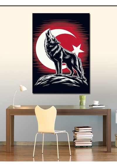Kanvas Tablo Türk Bayrağı Ve Kurt 70cmx100cm