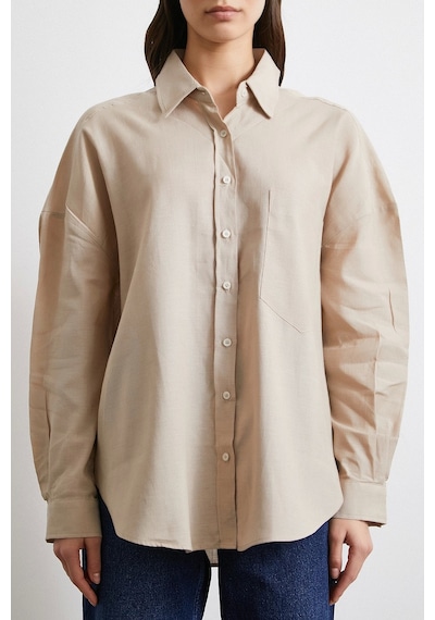 Never More Cepli Oversize Keten Gömlek Bej Bej