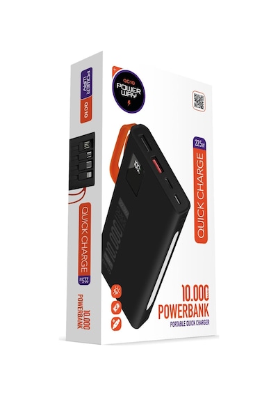 Powerway 10.000 Mah Pd 22.5w Dahili Kablolu Hızlı Şarj Gerçek 10.000 Mah Qc10 Siyah Powerbank