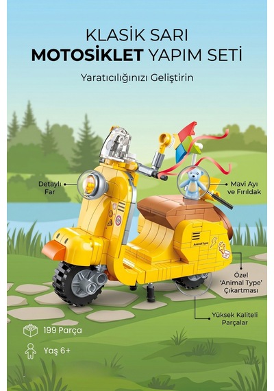 Klasik Sarı Motosiklet Yapım Seti Eğitici Yapı Blokları 199 Parça 6+ Yaş