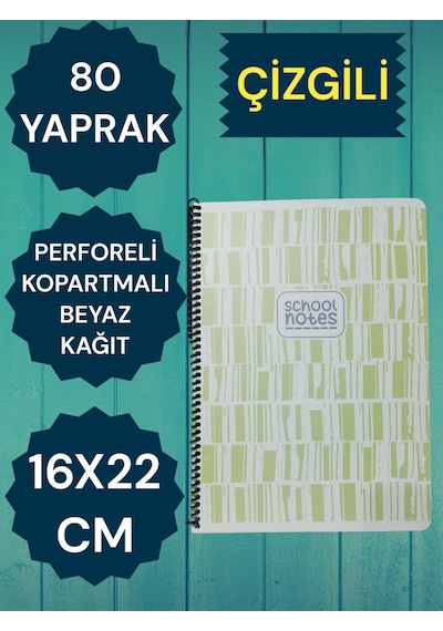 Çizgili 16x22 80 Yaprak Telli Defter Karton Kapak Perforeli Yeşil