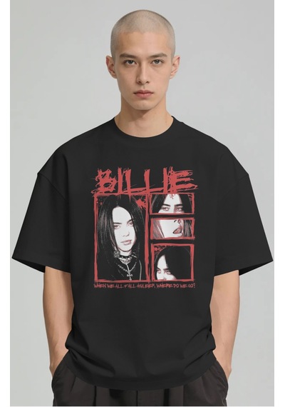 Sevbano Billie Eilish Şarkıcı Baskılı Unisex Oversize Premium Tişört Siyah
