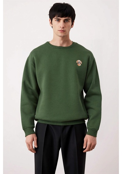 Benerly Erkek Bisiklet Yaka Düşük Kol Nakışlı Oversize Sweatshirt Pamuk Haki