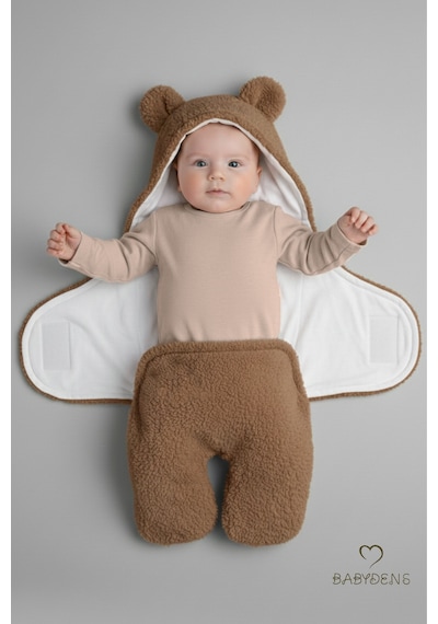 Babyden's 0-12 Ay Welsoft Peluş Bebek Dış Kundak - Uyku Tulumu Ayıcık Kulaklı İçi %100 Pamuk Astarlı Battaniye Kahverengi