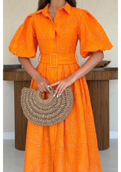 Defymoda Oranj Pileli Balkon Elbise Oranj