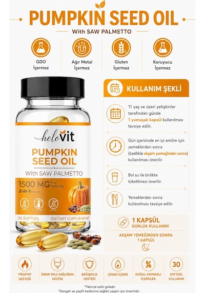 Helovit Pumpkin Seed Oil Softjel 1500 Mg & Saw Palmetto İçeren 2-in-1 Erkek Sağlığı Ve Doğal Destek 30 Softjel