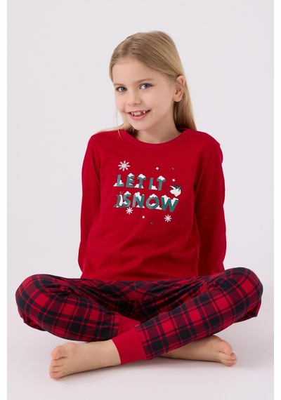 Arnetta 3105 Noel Let İt Snow Kız Çocuk Kırmızı Uzun Kol Pijama Takım Kırmızı
