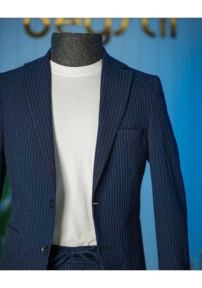 Bys Beystil Lacivert Spor Casual Çizgili Takım Elbise Parodi -slim Fit
