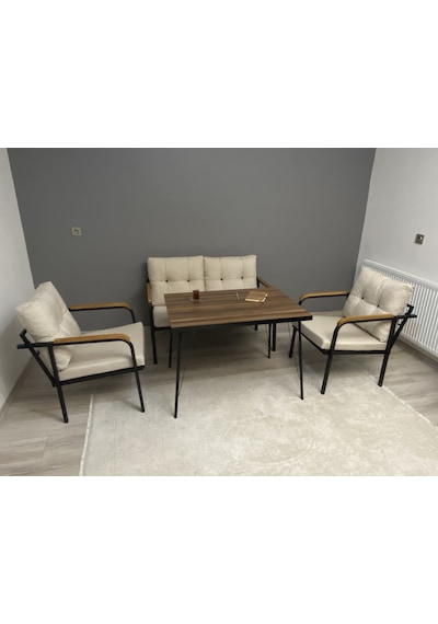 Modern Dünya Balkon, Bahçe, Cafe - Metal Kanepe Koltuk Takımı - 2+1+1 + Masa Krem Modernsh35 Krem