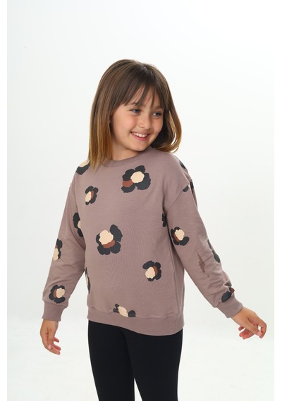 Toontoy Kız Çocuk Pano Baskılı Sweatshirt Koyu Kahverengi