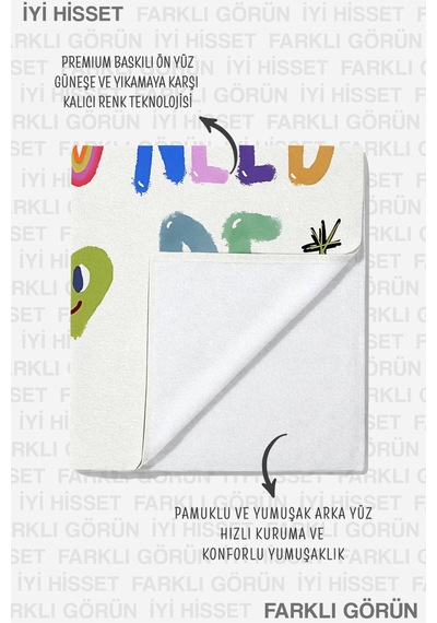 Yazılı Renkli Typografik Plaj Havlusu - Modern Eğlenceli Beyaz Çok Hızlı Kuruyan Mikrofiber Havlu Kıyı Defne
