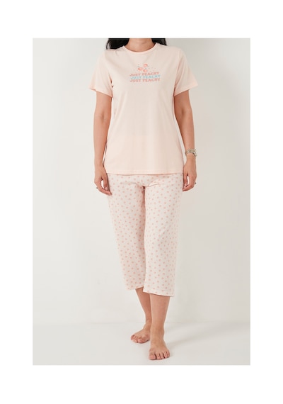 Lela Desenli Pamuklu Bisiklet Yaka Kaprili Pijama Takımı Bayan Pijama Takımı 65790787 Turuncu