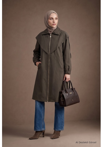 Armine Trend Pelerin Yaka Cep Detaylı Fermuarlı Uzun Boy Kap 122 Cm Boy Haki 26kt704