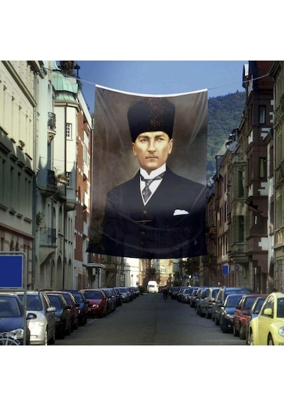 Kalpaklı Sivil Mustafa Kemal Atatürk Poster Cephe Bayrağı- 4x6 Metre 1
