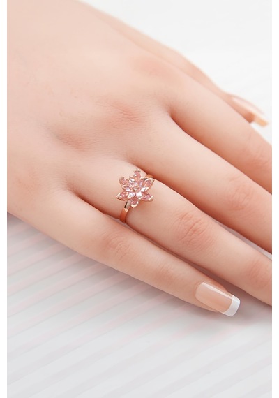 Pembe Taşlı Rose Renk Ayarlanabilir Lotus Gümüş Bayan Yüzük -7899