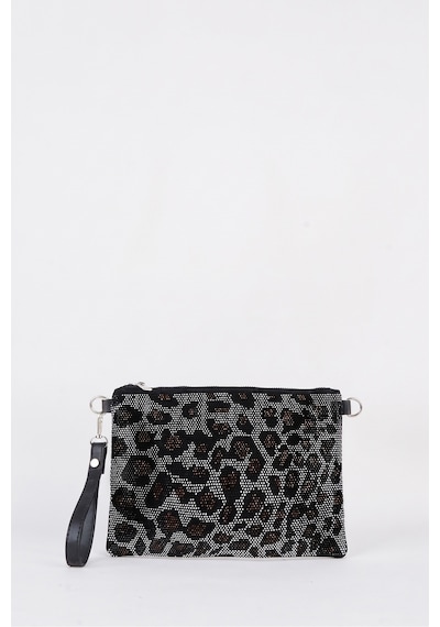 Vivaq Kadın Leopar Gümüş Taşlı Süet Bilek Askılı Ve Zincir Askılı Portföy El Ve Clutch Çanta SİYAH
