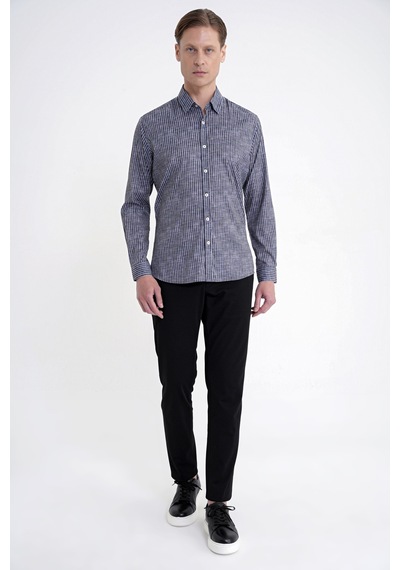 Slim Fit Klapa Yaka Esnek Pamuklu Siyah Çizgili Gömlek G 1599