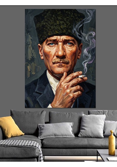 Kalpaklı Ve Sigara İçen Atatürk Dekoratif Kanvas - Mdf Ahşap Tablo