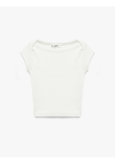 Koton Slim Fit Kısa Kollu Kayık Yaka Kaşkorse Pamuklu Tişört Ekru 6sal10685ık