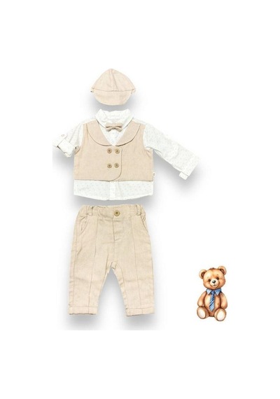 Cantoy Erkek Bebek Papyon Şapka Gömlek Pantolonlu Pamuklu Şık Takım-14693 Bej