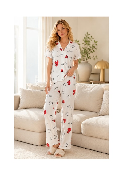 Rindahomewear Kadın Milan Kalp Desenli Düğmeli Kısa Kol Pijama Takımı Beyaz