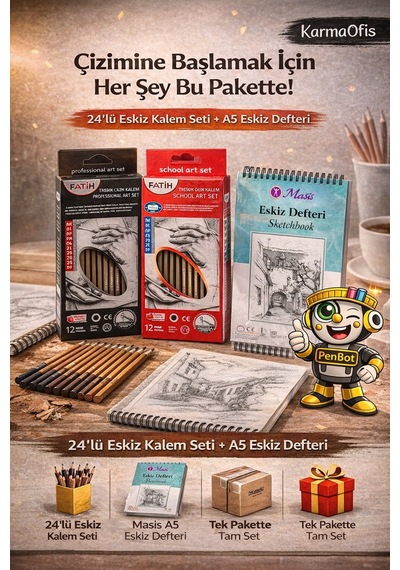 24 Lü Eskiz Kalem Seti + Spiralli A5 Eskiz Defteri Çizim & Sketchbook Seti 50 Yaprak 90g