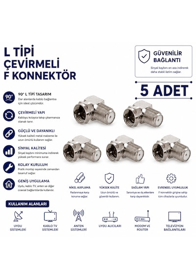 L Tipi Çevirmeli F Konnektör 5 Adet 90 Derece Uydu Anten Kablo Tv Bağlantı Aparatı