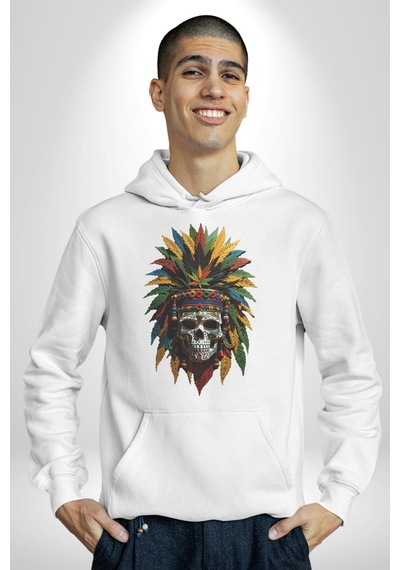 Kurukafa İskelet Kızılderili Tüy Kartal Şefi Kadın Erkek Beyaz Kapüşonlu Sweatshirt Hoodie Beyaz