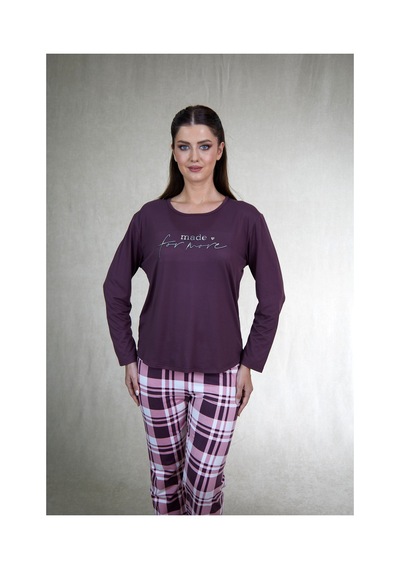 Estiva Kadın Kareli Alt Desenli Mürdüm Uzun Kollu Soft Pijama Takımı Çok renkli