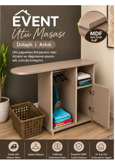 Event Ütü Masası Dolaplı Askılı Mdf Kahverengi Ütü Masası Dolaplı Ütü Standı Krem