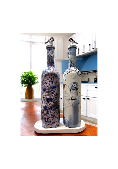 Mavi-beyaz Renkli Seramik Ve Porselen Motifli Vintage Yağdanlık Set, Sosluk, Sirkelik Açık Mavi