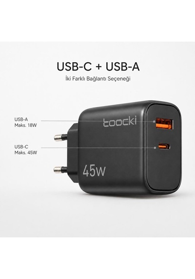 Toocki 45w Gan Hızlı Şarj Adaptörü, Type-c Ve Usb-a Çift Portlu Akıllı Güç Dağıtımlı Telefon Ve Tablet Şarj Cihazı