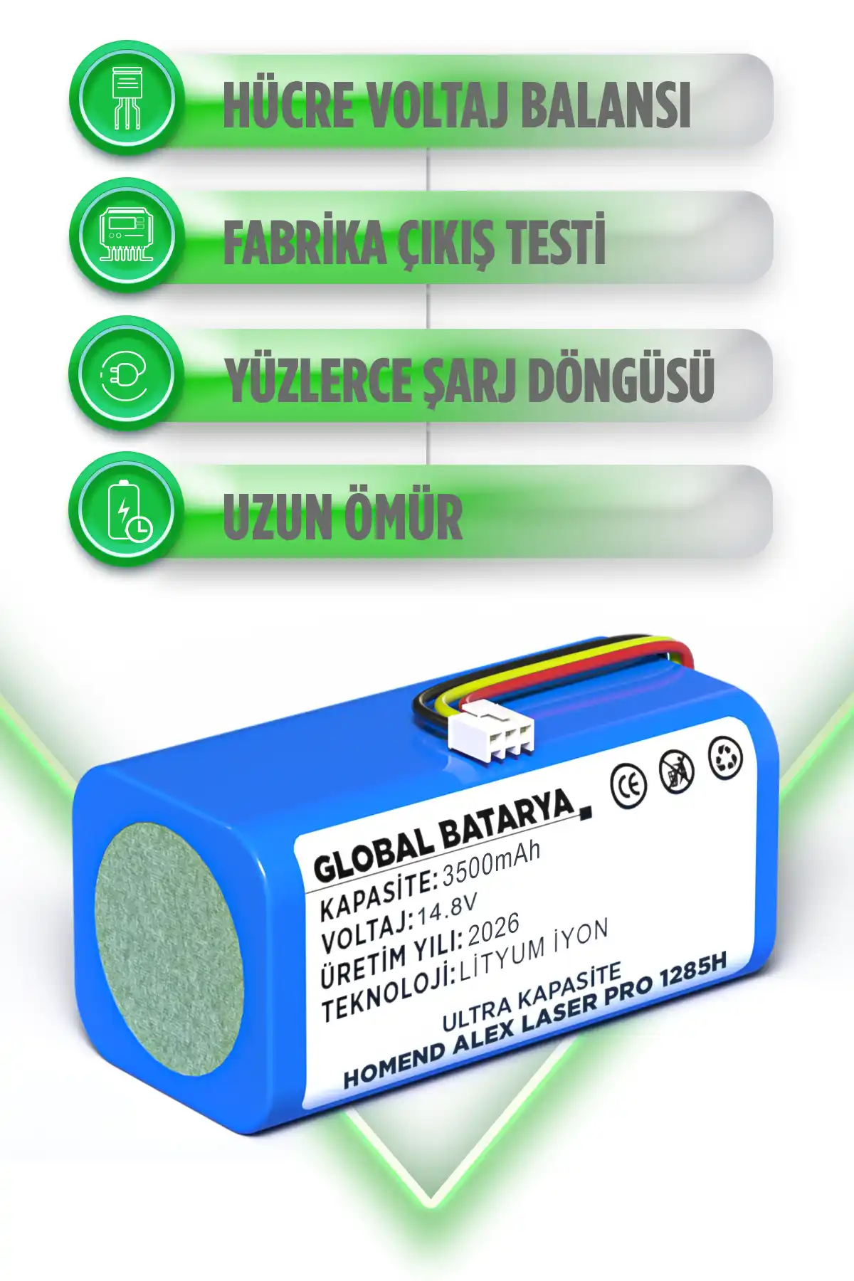 Homend Alex Laser Pro 1285h Robot Süpürge Bataryası 14.8v 3500mah Li-ion Pil Ultra Kapasite