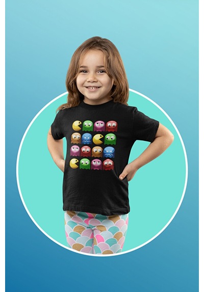 Sevbano Pacman Oyun Baskılı Unisex Çocuk Tişört 1-12 Yaş Siyah