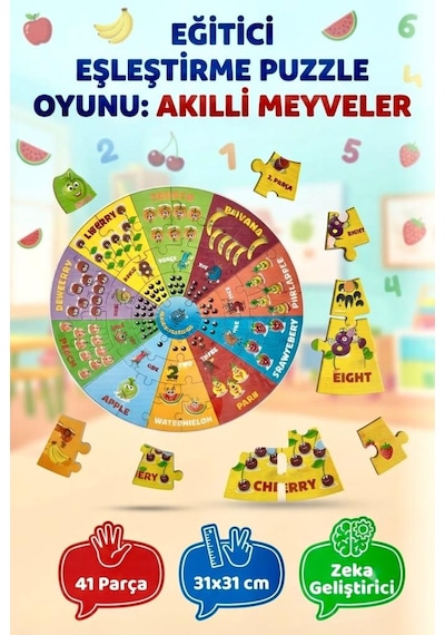 41 Parça Akıllı Meyveler Eğitici Eşleştirme Puzzle Oyunu - Çocuklar İçin Renkli Öğrenme Macerası