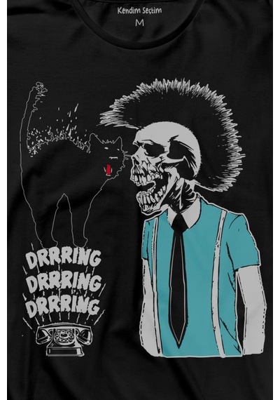 Mohikan İskelet Adam Kara Kedi Nostalji Telefon Zili Uzun Kollu Tişört Baskılı T-shirt 001