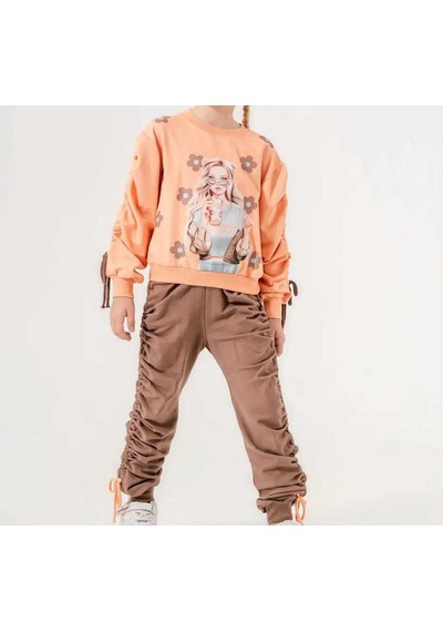 Kız Çocuk Rahat Kesim Sweatshirt Ve Büzgülü Jogger Takım Somon&Kahve