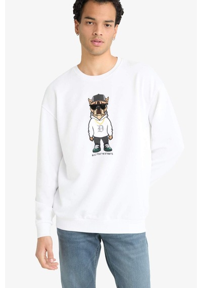 Defacto Boxy Fit Bisiklet Yaka Baskılı Sweatshirt E9331ax25auwt34 Beyaz