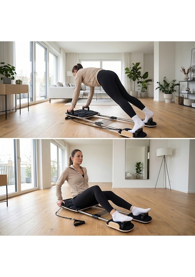 Ahşap Pilates Aleti 20+ Egzersiz Destekli 4 Kademe Dirençli Kayan Platformlu Fitness Egzersiz Aleti Siyah