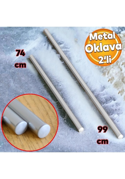 Badem10 Alüminyum Metal Oklava 2'li Set 99-74 Cm Börek Hamur Yufka Açma Silindir Yuvarlak Uzun Kısa Mutfak