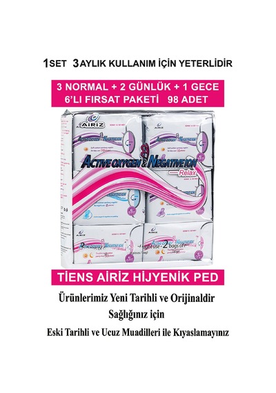 Airiz Hijyenik Kadın Pedi 6'lı Paket 98 Adet 60 Günlük + 30 Günd
